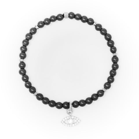 Hematite Matte with Silver Bracelet, Silver Evil Eye Charm with Clear and Blue Zirconia