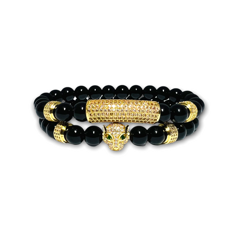 Black Polished Onyx Stone Set of Two Bracelets with Gold Design,Leopard Clear Zirconia