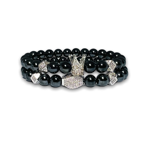 Hematite Stone Set of Two Bracelets, Silver Design /Crown with Clear Zirconia