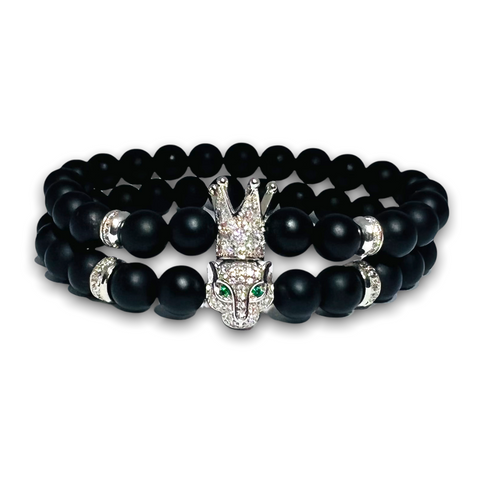 Black Matte Onyx Stone Set of Two Bracelet, Silver Crown / Leopard with Clear Zirconia