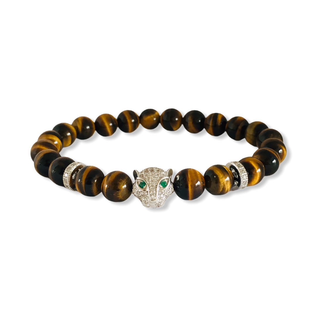 Polished Tigers Eye Stone Bracelet with Silver Leopard and Clear Zirconia