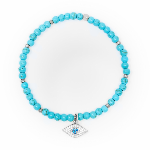 Turquoise Matte with Silver Bracelet, Silver Evil Eye Charm with Blue and Clear Zirconia