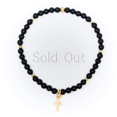 Onyx Polished with Gold Bracelet, Gold Cross Charm with Clear Zirconia