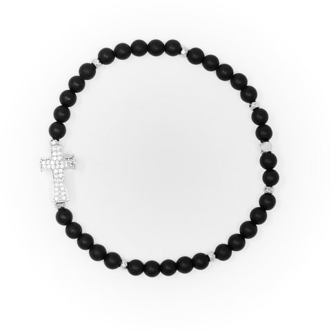 Onyx Matte with Silver Bracelet, Silver Cross Charm with Clear Zirconia