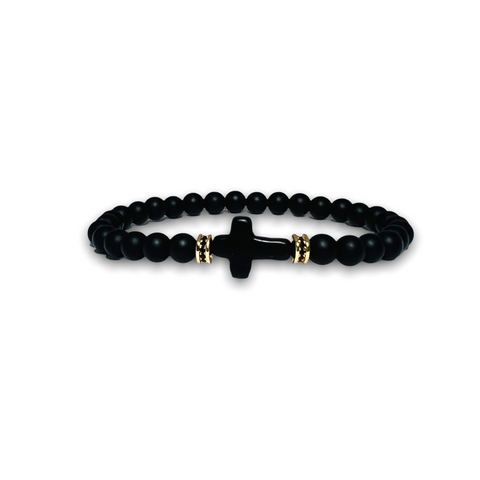 Black Matte Onyx Stone Bracelet, Black Cross Gold with Black Zirconia