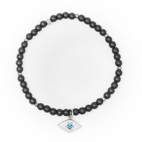 Hematite Matte with Silver Bracelet, Silver Evil Eye Charm with Clear Zirconia