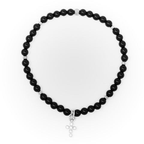 Onyx Polished with Silver Bracelet, Silver Cross Charm with Clear Zirconia