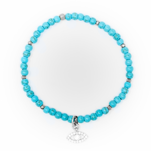Turquoise Matte with Silver Bracelet, Silver Hamsa Charm with Clear Zirconia