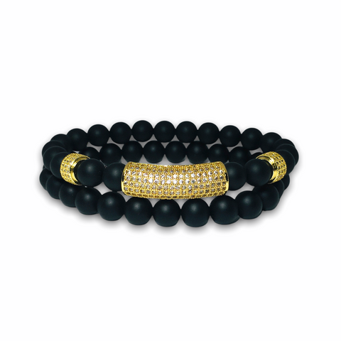 Black Matte Onyx Stone Set of Two Bracelets, Gold Design/Plain with Clear Zirconia