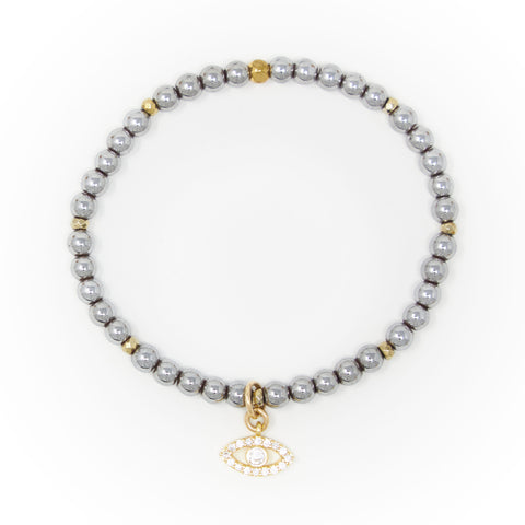 Hematite Polished with Gold Bracelet, Gold Evil Eye Charm with Clear Zirconia