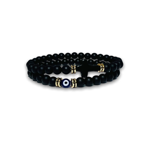 Black Matte Onyx Stone Set of Two Bracelets, Evil Eye Gold with Black Zirconia / Black Cross