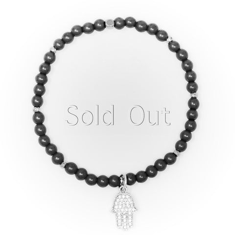 Hematite Matte with Silver Bracelet, Silver Hamsa Charm with Clear Zirconia