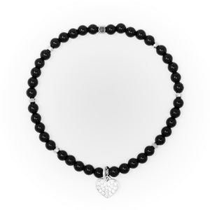 Onyx Polished with Silver Bracelet, Silver Heart Charm with Clear Zirconia