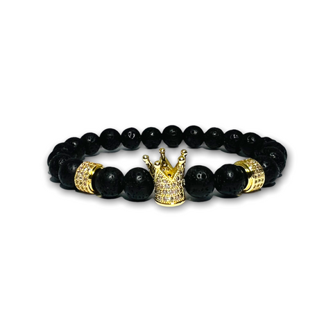 Volcanic Lava Stone Bracelet, Gold Crown with Clear Zirconia
