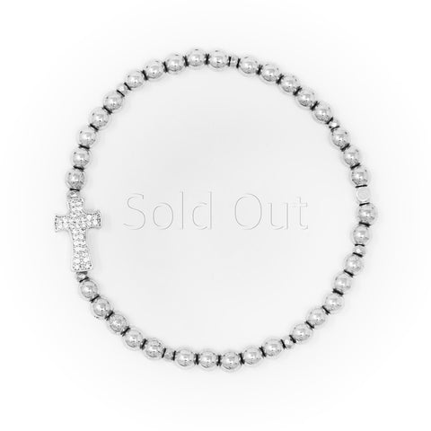 Hematite Polished with Silver Bracelet, Silver Cross Charm with Clear Zirconia