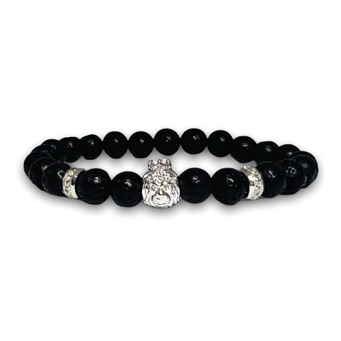 Volcanic Lava Stone Bracelet, Silver Lion with Clear Zirconia