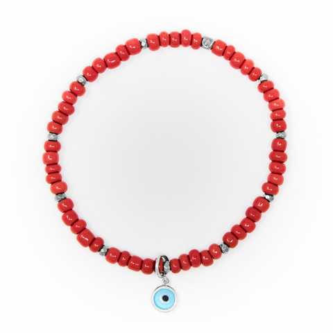 Red Sand Beads with Silver Bracelet, Silver Blue Eye Charm