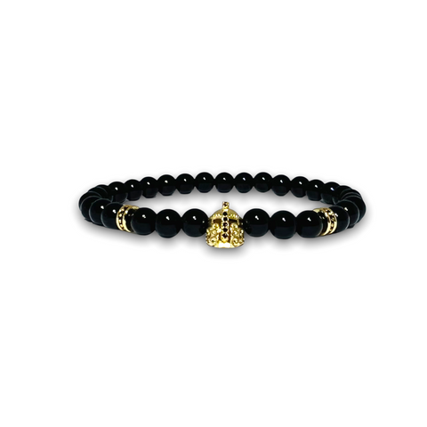 Black Polished Onyx Stone Bracelet, Gold Warrior with Black Zirconia