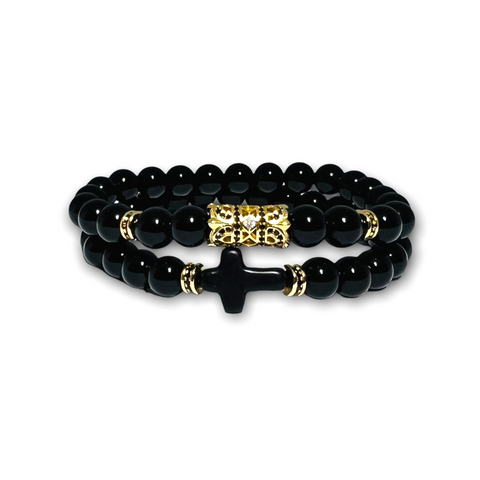 Black Polished Onyx Stone Set of Two Bracelets with Gold Design/Black Cross, Clear/Black Zirconia