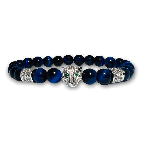 Blue Tiger Eye Stone Bracelet with Silver Leopard and Clear Zirconia