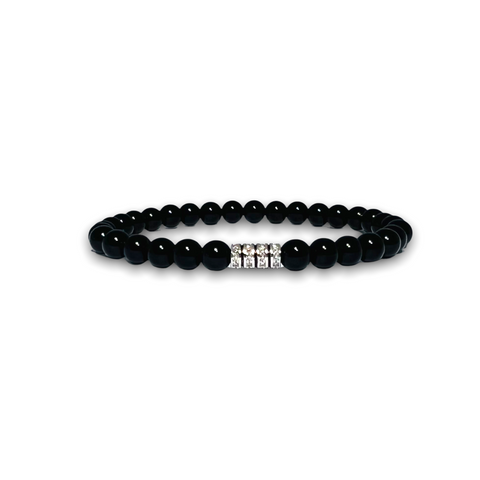 Black Polished Onyx Stone Bracelet, Silver Design with Black and Clear Zirconia