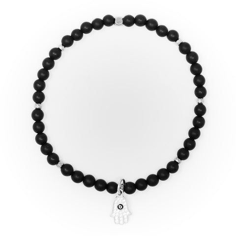 Onyx Matte with Silver Bracelet, Silver Hamsa with Evil Eye Charm and Clear Zirconia