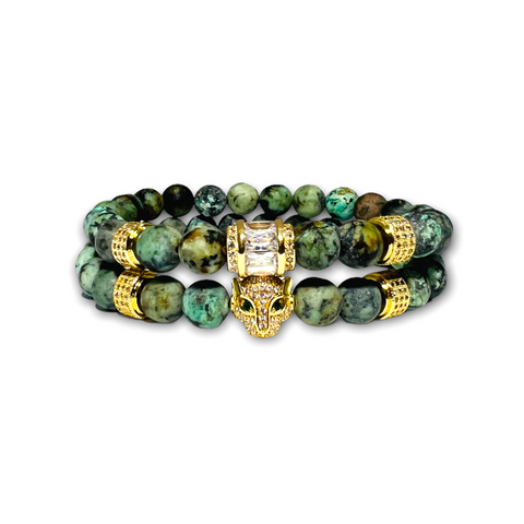 African Turquoise Stone Set of Two Bracelets, Gold Leopard/Design with Clear Zirconia