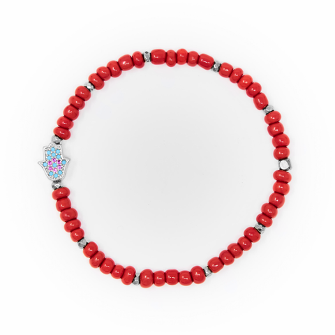 Red Sand Beads with Silver Bracelet, Silver Hamsa Charm with Blue and Pink Zirconia