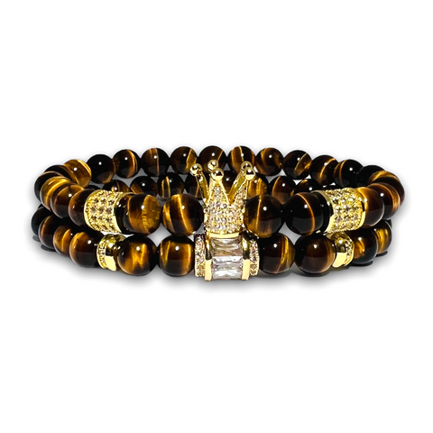 Polished Tigers Eye Stone Set of two Bracelets, Gold Crown with Clear Zirconia / Design