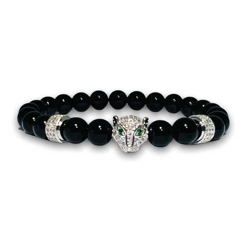 Black Polished Onyx Stone Bracelet, Silver Leopard with Clear Zirconia