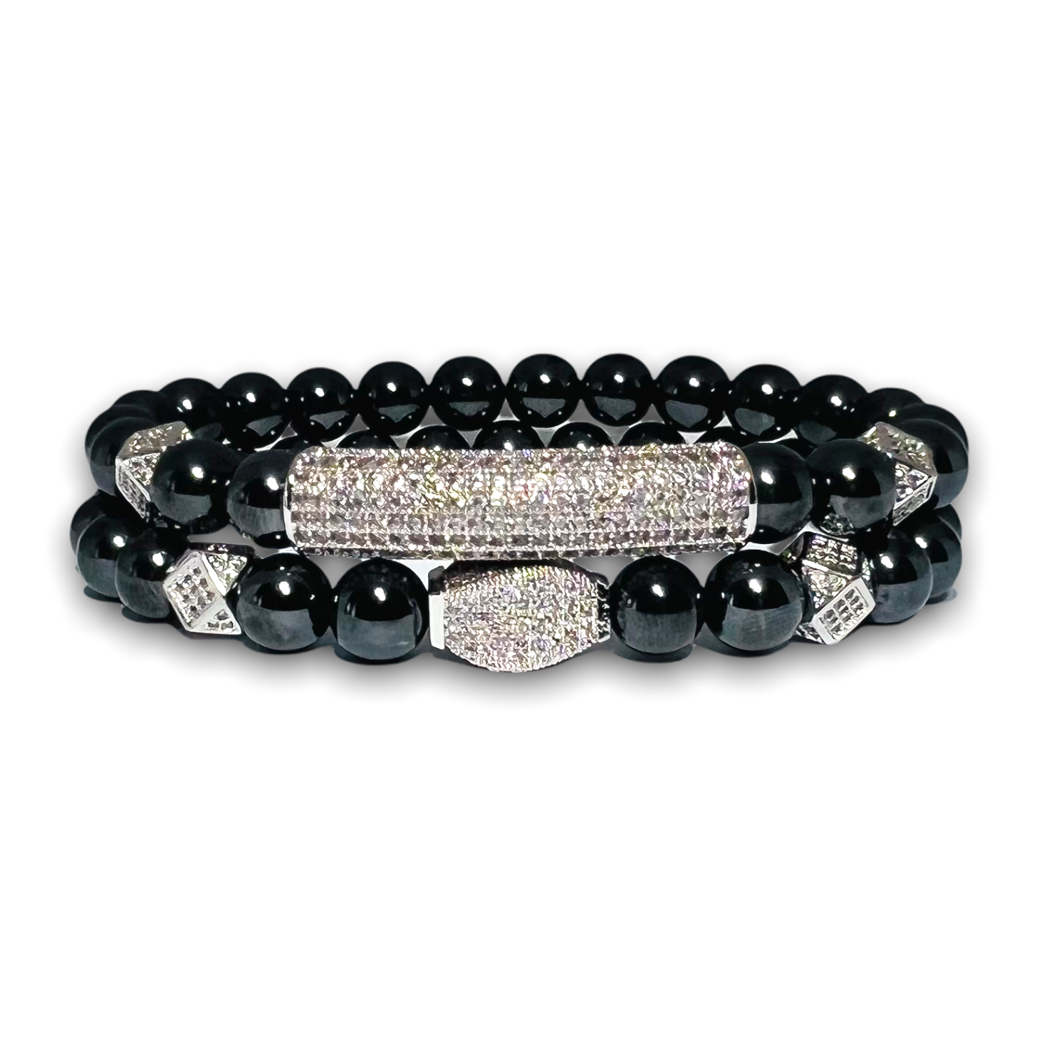 Hematite Stone Set of Two Bracelets, Silver Design with Clear Zirconia