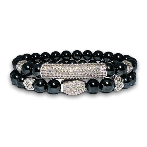 Hematite Stone Set of Two Bracelets, Silver Design with Clear Zirconia