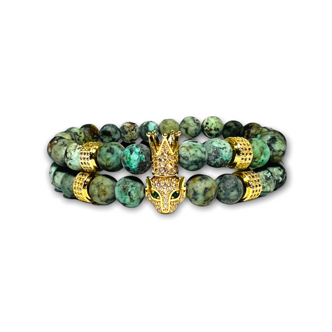 African Turquoise Stone Set of Two Bracelets, Gold Crown/Leopard with Clear Zirconia
