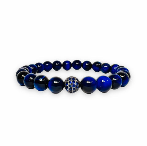 Blue Tiger Eye Stone Bracelet with Gunmetal Design and Blue Zirconia