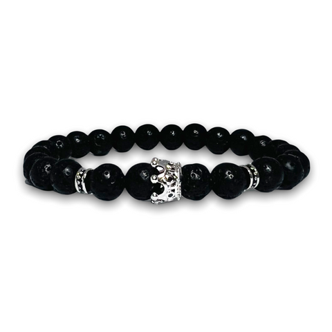Volcanic Lava Stone Bracelet, Silver Crown with Clear Zirconia