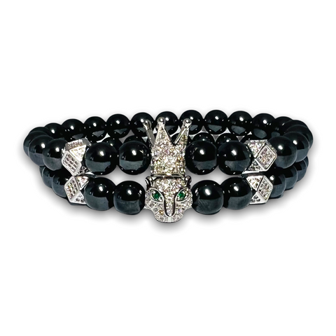 Hematite Stone Set of Two Bracelets, Silver Crown / Leopard with Clear Zirconia
