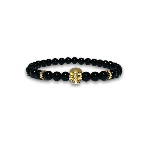 Black Polished Onyx Stone Bracelet, Gold Skull