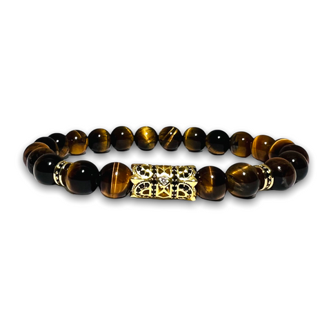 Polished Tigers Eye Stone Bracelet, Gold Design with Clear/Black Zirconia