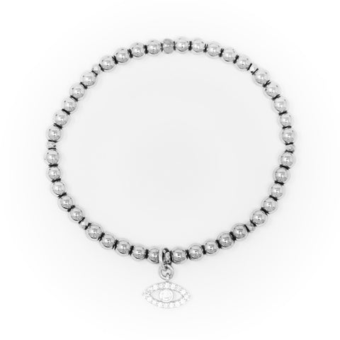Hematite Polished with Silver Bracelet, Silver Evil Eye Charm with Clear Zirconia
