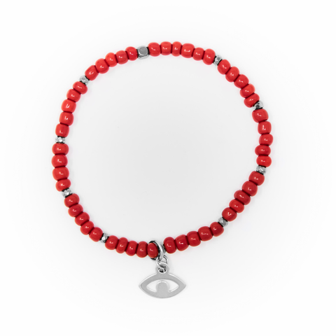 Red Sand Beads with Silver Bracelet, Silver Plain Evil Eye Charm