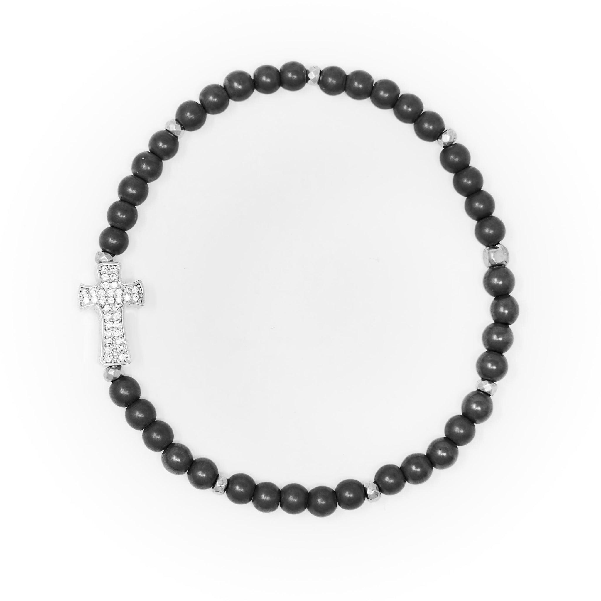 Hematite Matte with Silver Bracelet, Silver Cross Charm with Clear Zirconia