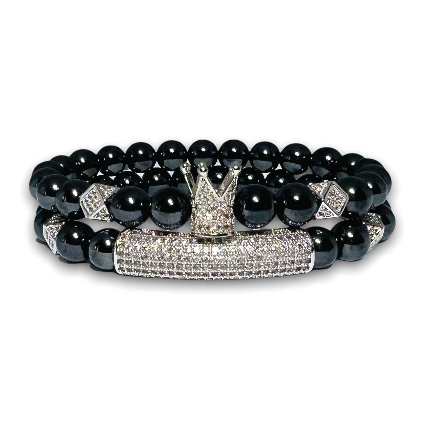 Hematite Stone Set of Two Bracelets, Silver Design /Crown with Clear Zirconia