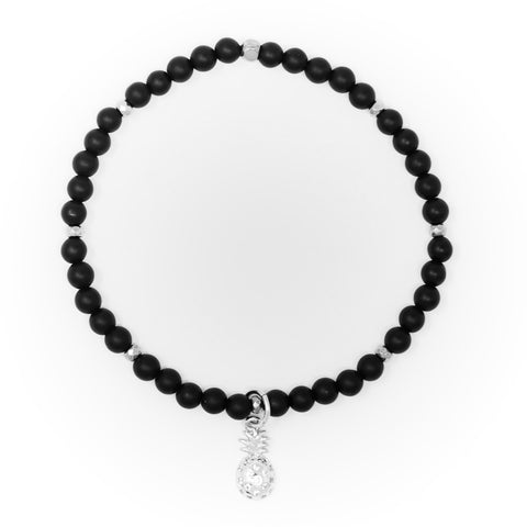 Onyx Matte with Silver Bracelet, Silver Pineapple Charm with Clear Zirconia
