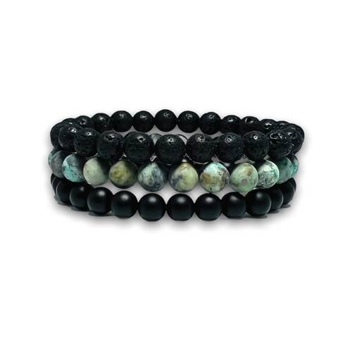 Volcanic Lava, African Turquoise, Matte Onyx Stone Stack of Three Bracelets