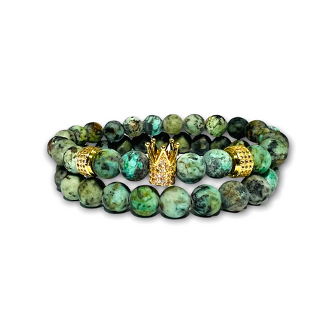 African Turquoise Stone Set of Two Bracelets, Gold Crown/ with Clear Zirconia