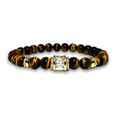 Polished Tigers Eye Stone Bracelet, Gold Design with Clear Zirconia