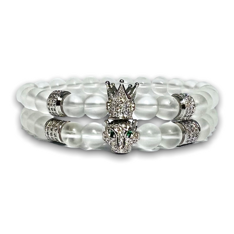 Clear Quartz Stone Set of Two Bracelets, Silver Crown / Leopard with Clear Zirconia