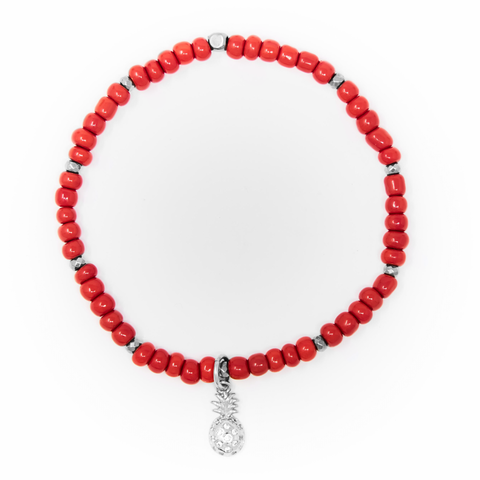 Red Sand Beads with Silver Bracelet, Silver Pineapple Charm with Clear Zirconia