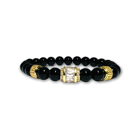 Black Polished Onyx Stone Bracelet with Gold Design and Clear Zirconia