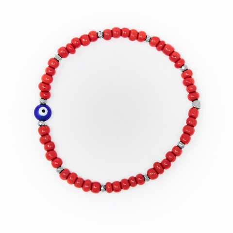 Red Sand Beads with Silver Bracelet, Silver Blue Eye Charm